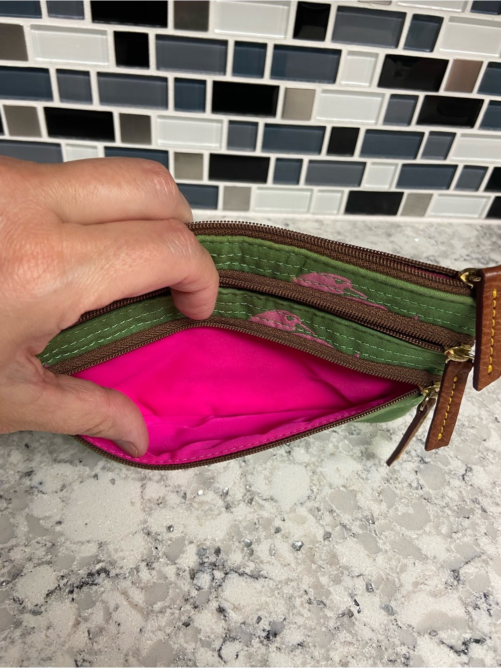 Dooney & Bourke Green Canvas Triple-Zip Pouch with Pink Duck Print - Picture 5 of 5